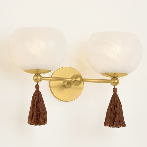Niya Tassel 2-Light Wall Sconce, Aged Brass/Cloud Glass 4 Niya Tassel 2-Light Wall Sconce, Aged Brass/Cloud Glass