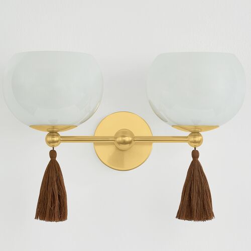 Niya Tassel 2-Light Wall Sconce, Aged Brass/Cloud Glass 5 Niya Tassel 2-Light Wall Sconce, Aged Brass/Cloud Glass
