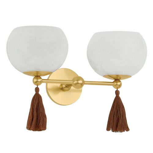 Niya Tassel 2-Light Wall Sconce, Aged Brass/Cloud Glass 6 Niya Tassel 2-Light Wall Sconce, Aged Brass/Cloud Glass