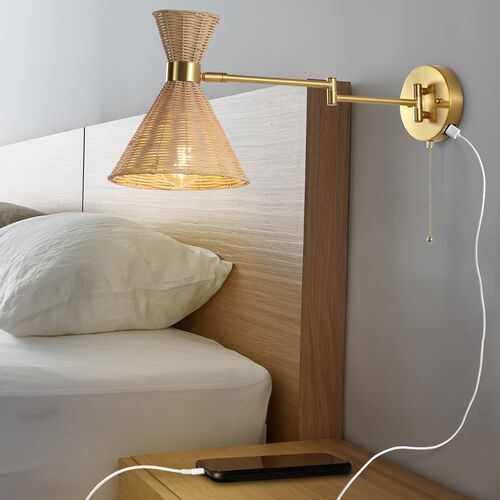 Tressin Rattan Swing-Arm USB Wall Sconce 2 Tressin Rattan Swing-Arm USB Wall Sconce