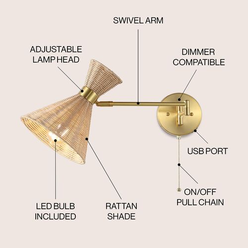 Tressin Rattan Swing-Arm USB Wall Sconce 7 Tressin Rattan Swing-Arm USB Wall Sconce