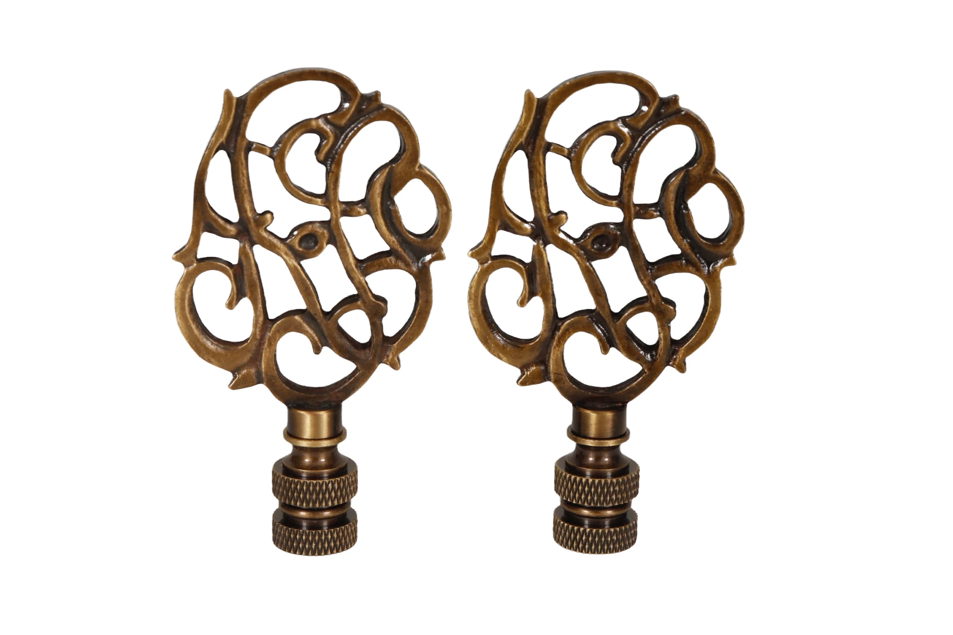Scrolled Vine Brass Lamp Finials, a Pair