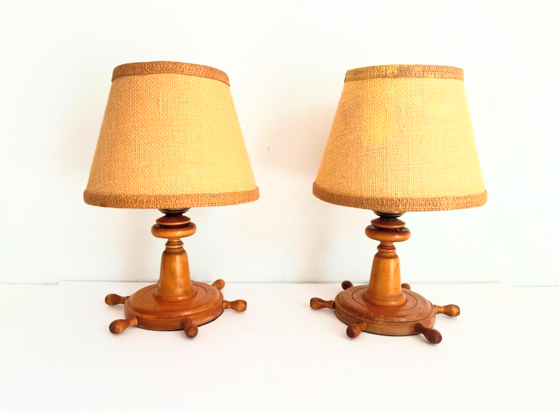 Wood Ship's Wheel Lamps & Shades, Pair 1 Wood Ship's Wheel Lamps & Shades, Pair