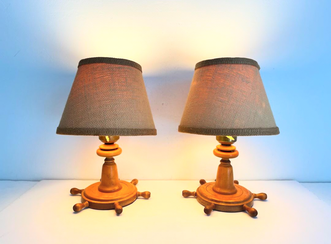 Wood Ship's Wheel Lamps & Shades, Pair 7 Wood Ship's Wheel Lamps & Shades, Pair