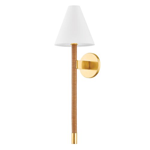 Silas 25" Rattan Wall Sconce, Natural/Aged Brass 1 Silas 25" Rattan Wall Sconce, Natural/Aged Brass