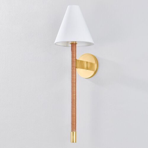 Silas 25" Rattan Wall Sconce, Natural/Aged Brass 2 Silas 25" Rattan Wall Sconce, Natural/Aged Brass