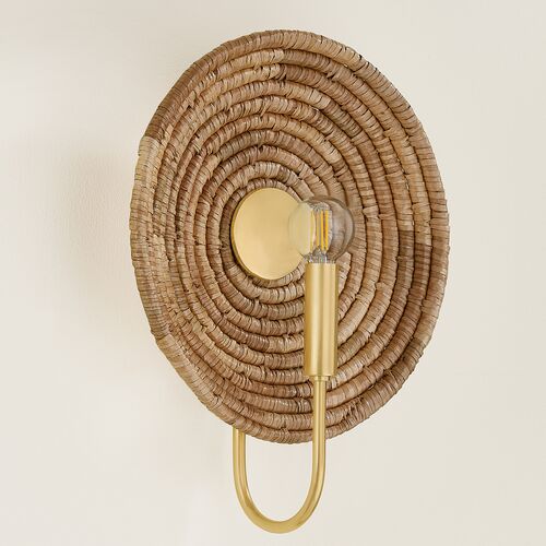 Vesna Wall Sconce, Aged Brass/Woven Natural Fiber 2 Vesna Wall Sconce, Aged Brass/Woven Natural Fiber