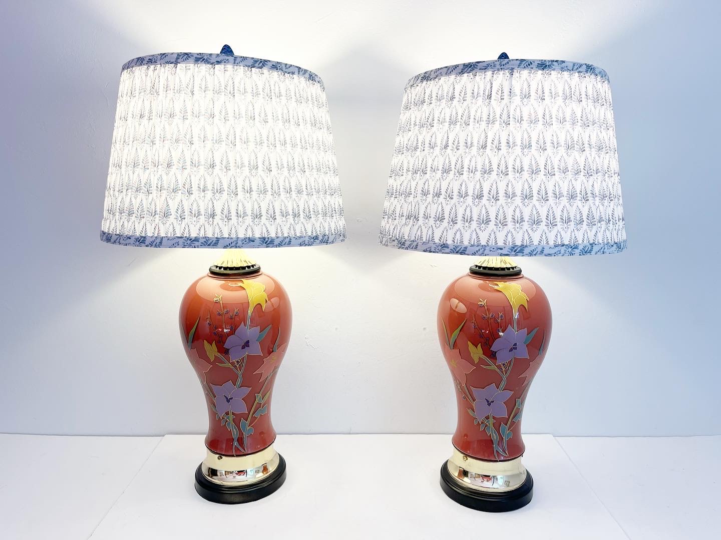 1970s Floral Vase Lamps & Shades, Pair