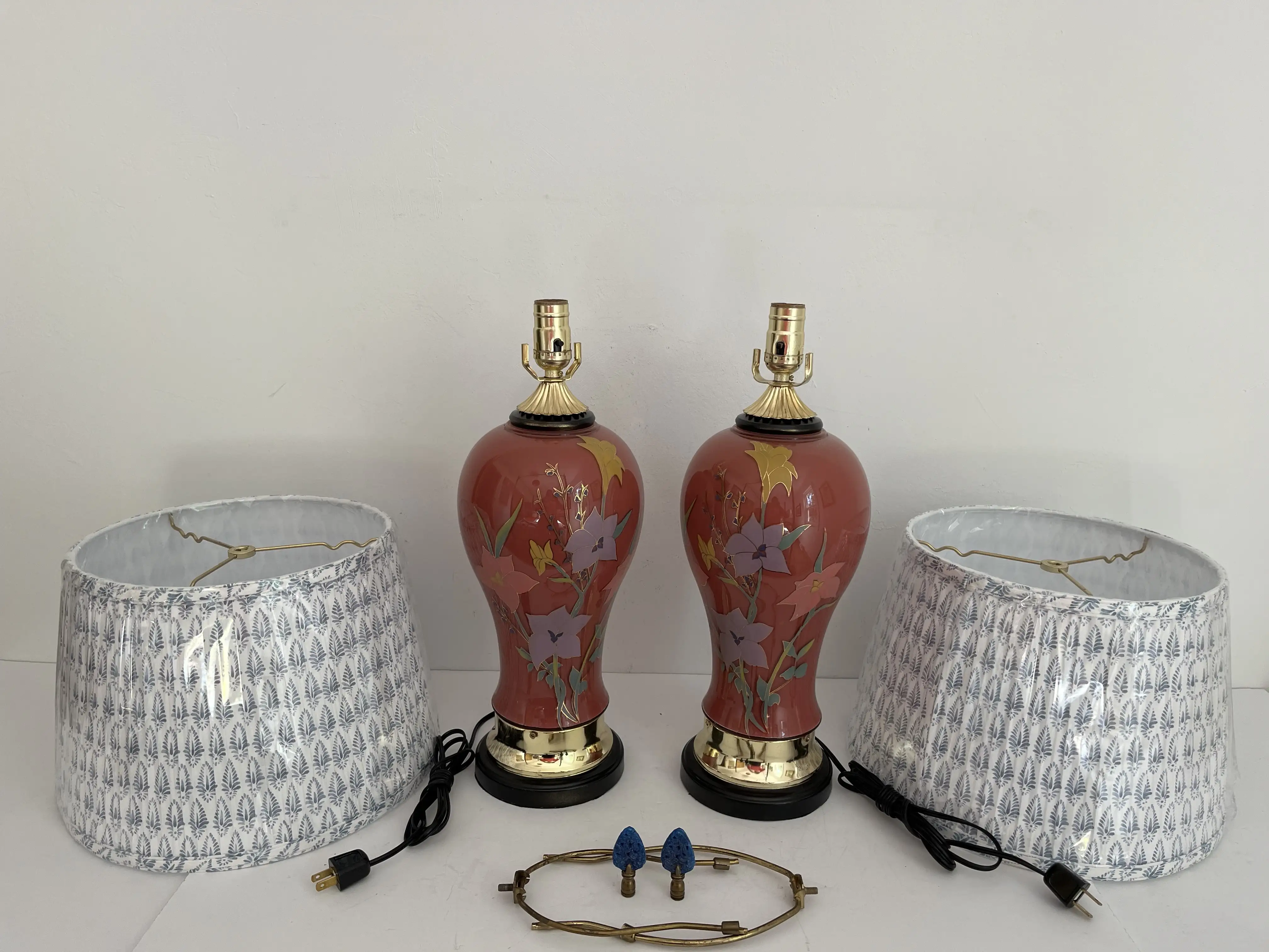 1970s Floral Vase Lamps & Shades, Pair 2 1970s Floral Vase Lamps & Shades, Pair