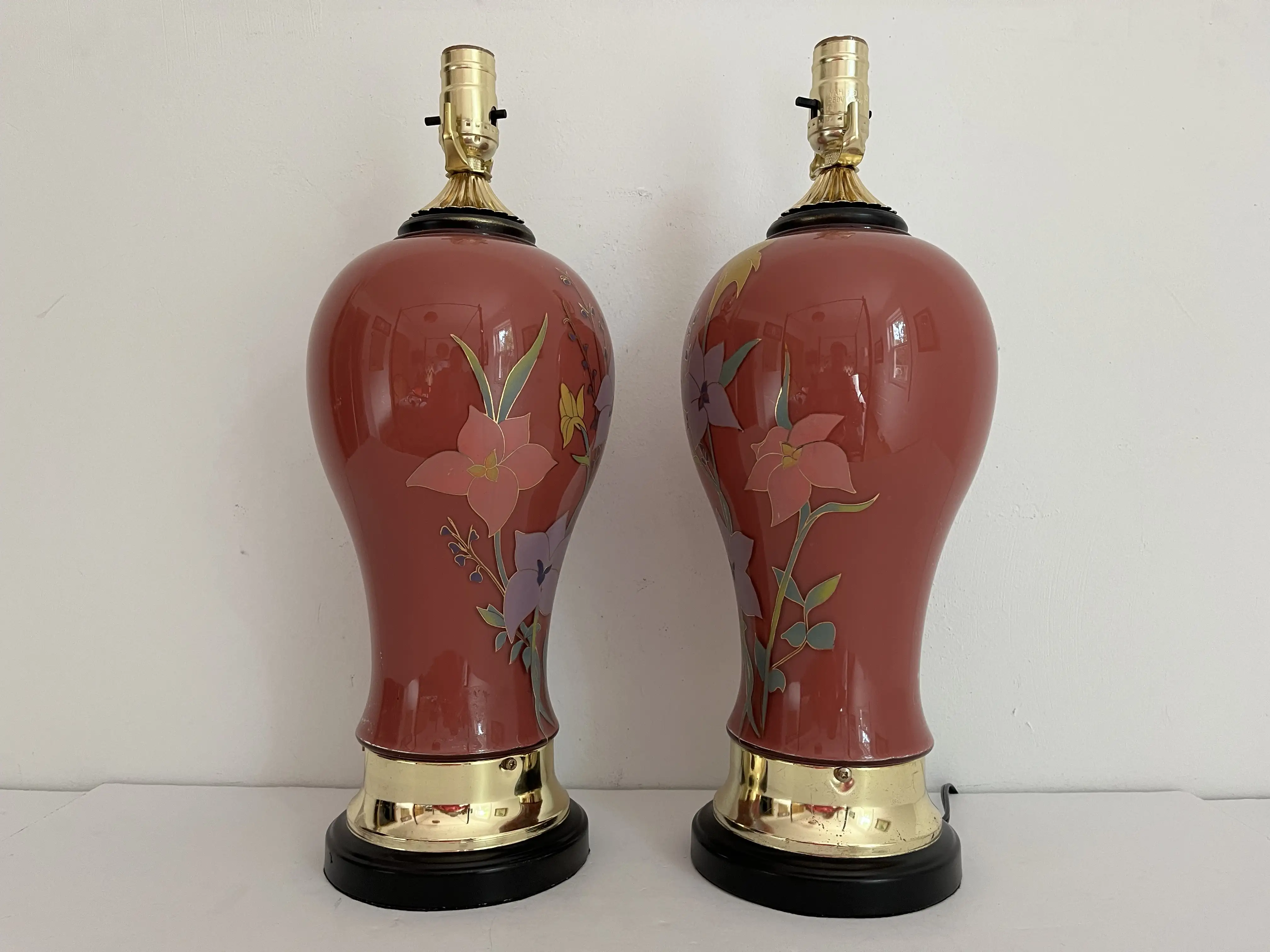 1970s Floral Vase Lamps & Shades, Pair 5 1970s Floral Vase Lamps & Shades, Pair