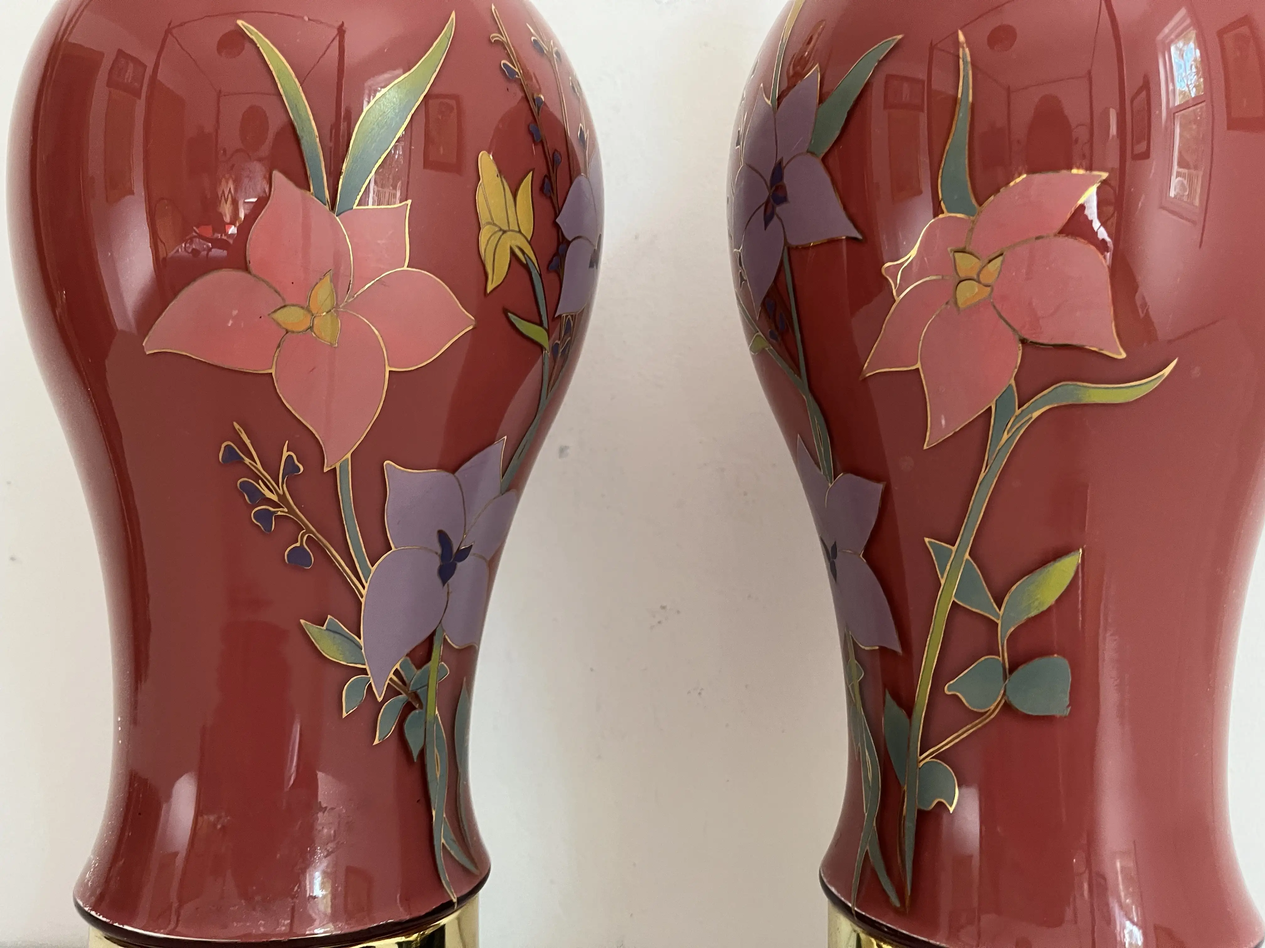 1970s Floral Vase Lamps & Shades, Pair 6 1970s Floral Vase Lamps & Shades, Pair