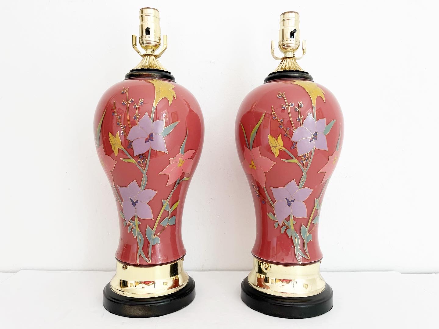1970s Floral Vase Lamps & Shades, Pair 9 1970s Floral Vase Lamps & Shades, Pair