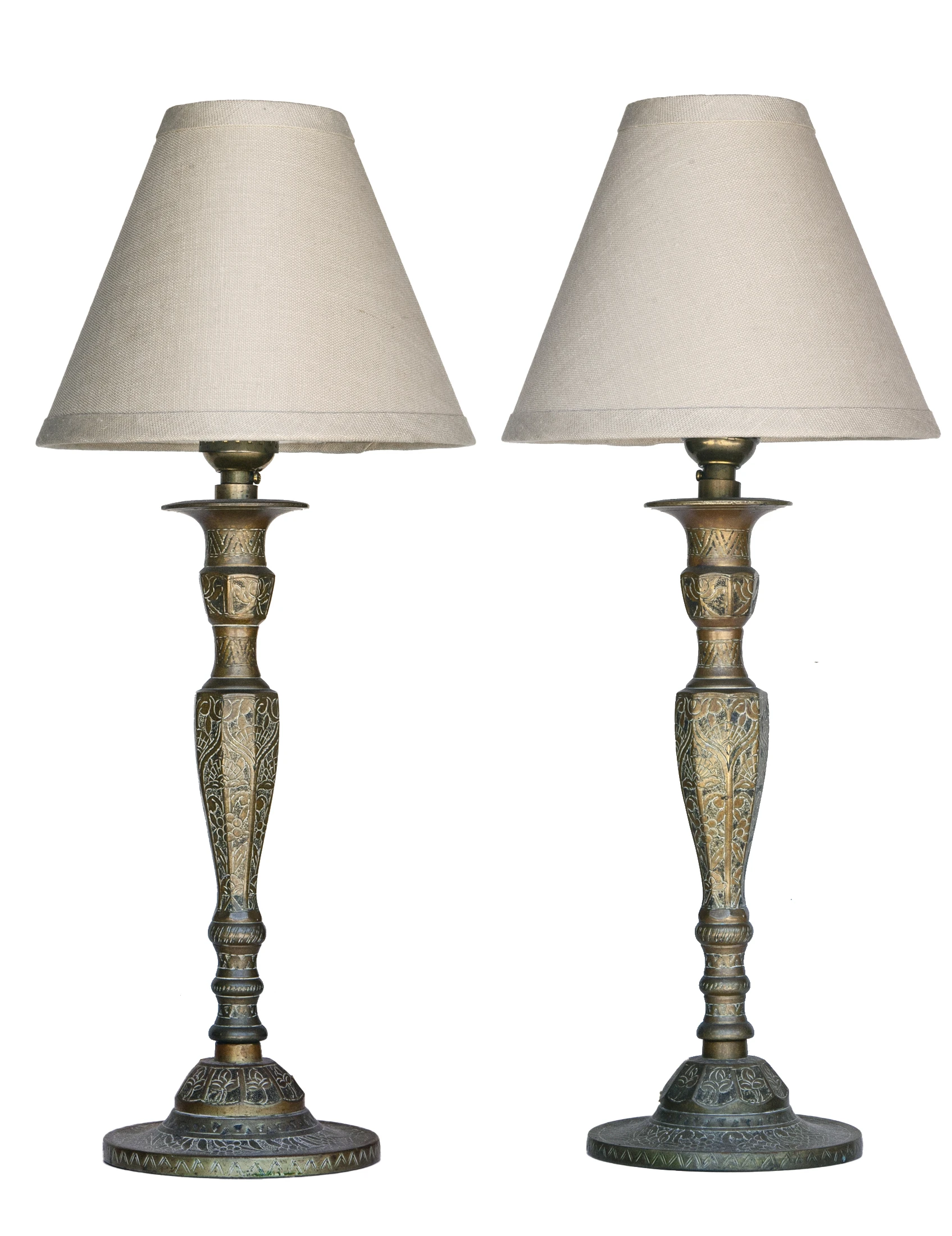 Etched Bronze Candlestick Lamps, a pair 1 Etched Bronze Candlestick Lamps, a pair