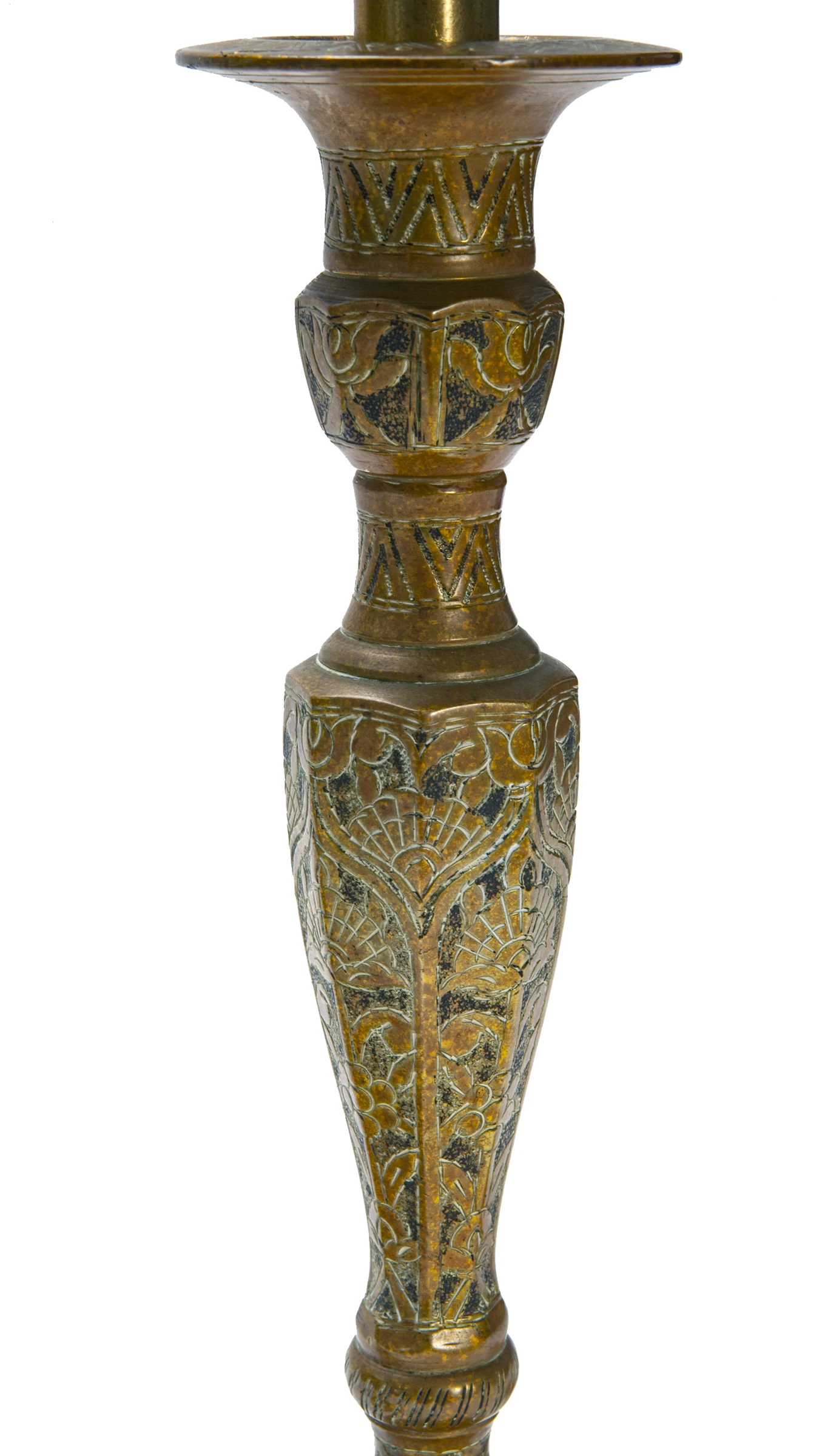 Etched Bronze Candlestick Lamps, a pair 7 Etched Bronze Candlestick Lamps, a pair