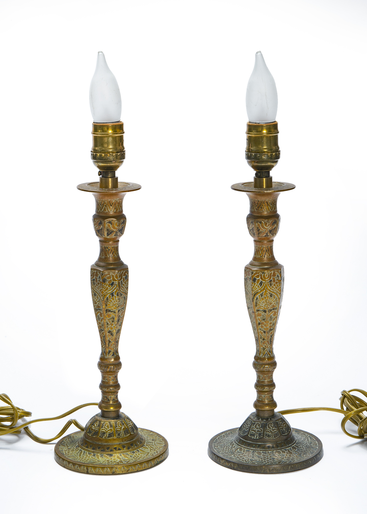 Etched Bronze Candlestick Lamps, a pair 9 Etched Bronze Candlestick Lamps, a pair
