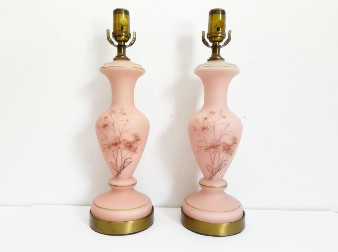 1950s Pink Glass Urn Lamps, Pair