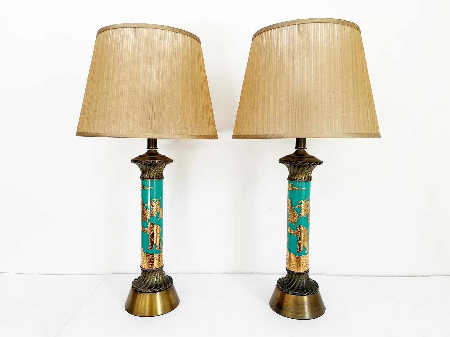 Turquoise Chinoiserie Lamps w/Shades 1 Turquoise Chinoiserie Lamps w/Shades