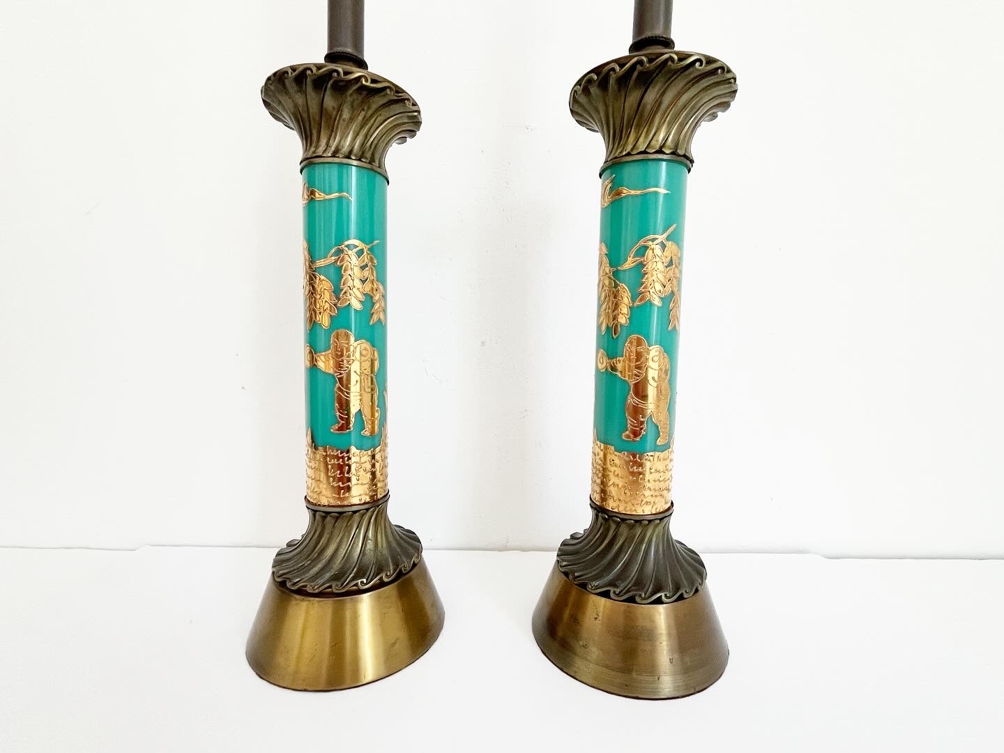 Turquoise Chinoiserie Lamps w/Shades 10 Turquoise Chinoiserie Lamps w/Shades