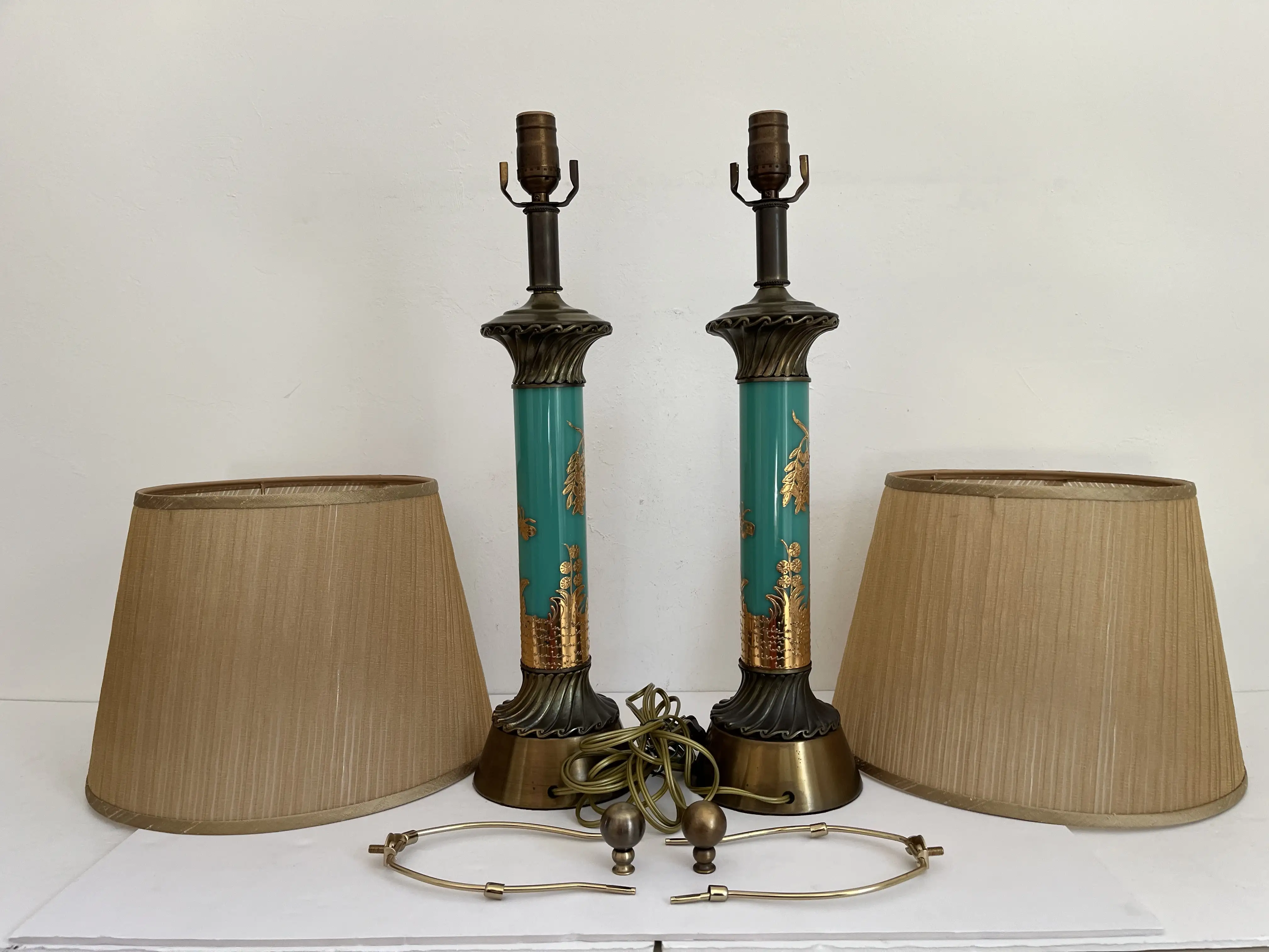 Turquoise Chinoiserie Lamps w/Shades 3 Turquoise Chinoiserie Lamps w/Shades