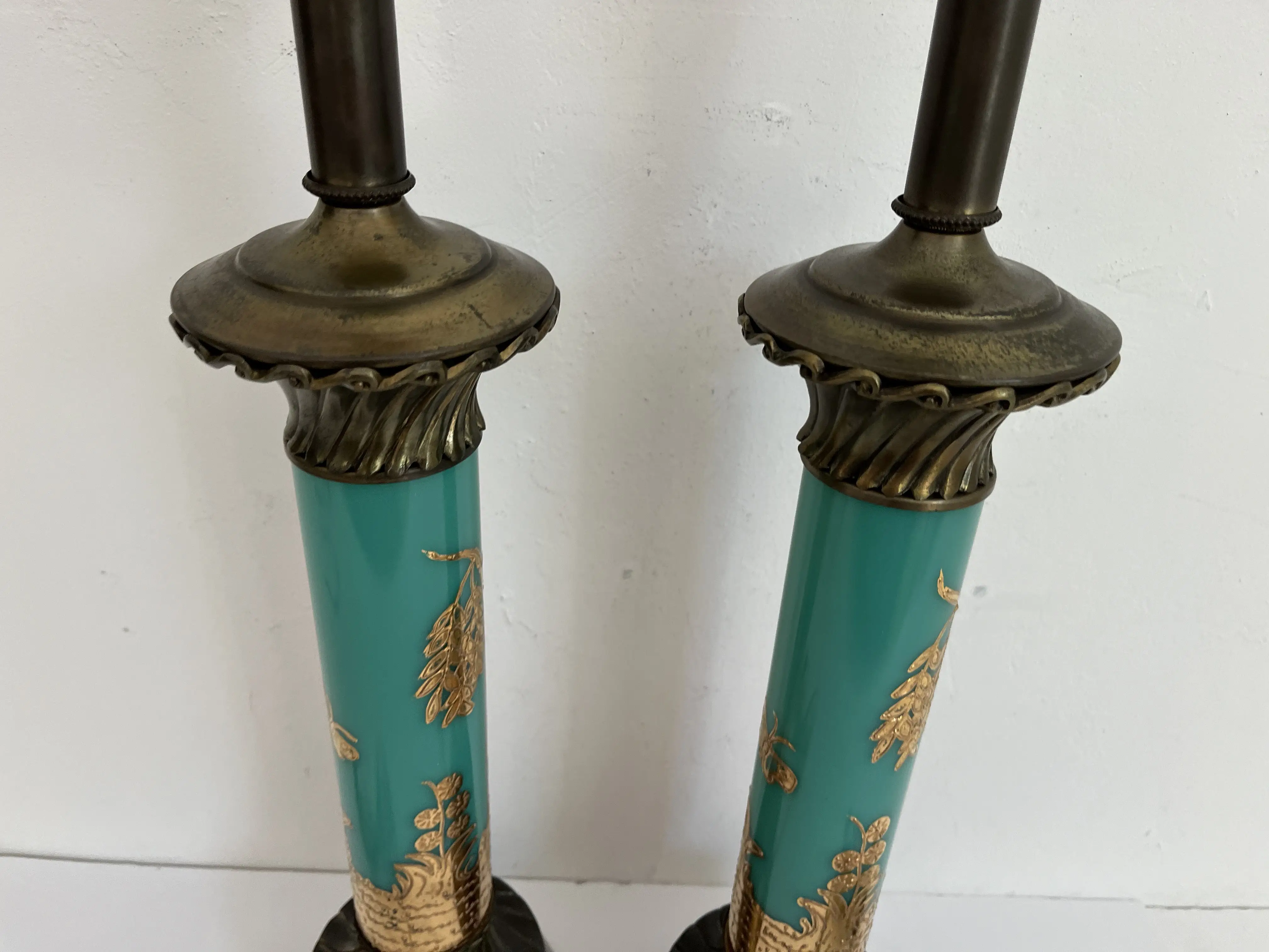 Turquoise Chinoiserie Lamps w/Shades 4 Turquoise Chinoiserie Lamps w/Shades