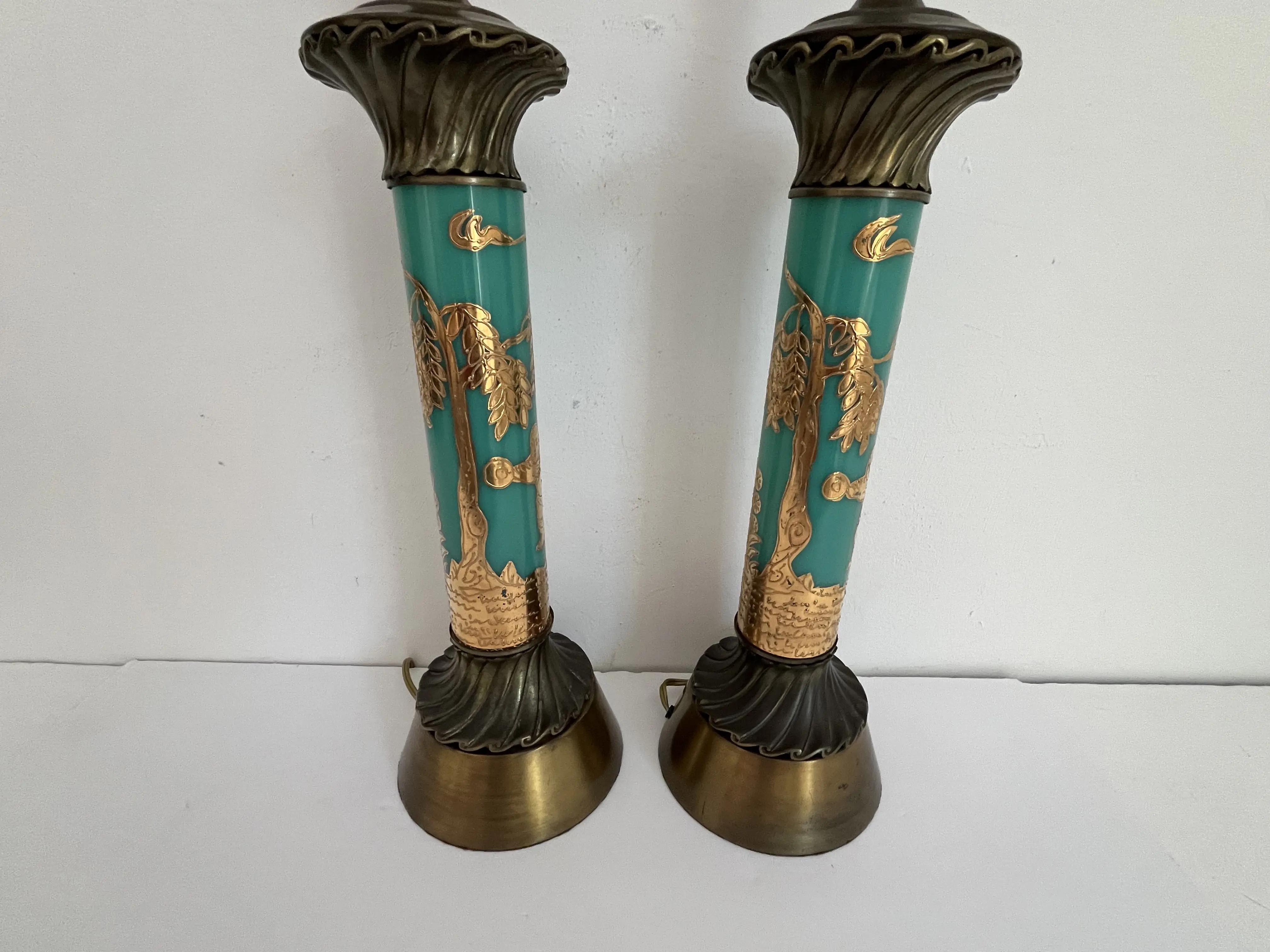 Turquoise Chinoiserie Lamps w/Shades 5 Turquoise Chinoiserie Lamps w/Shades