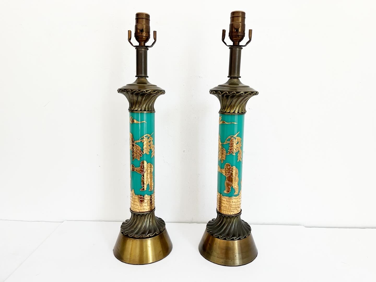 Turquoise Chinoiserie Lamps w/Shades 7 Turquoise Chinoiserie Lamps w/Shades