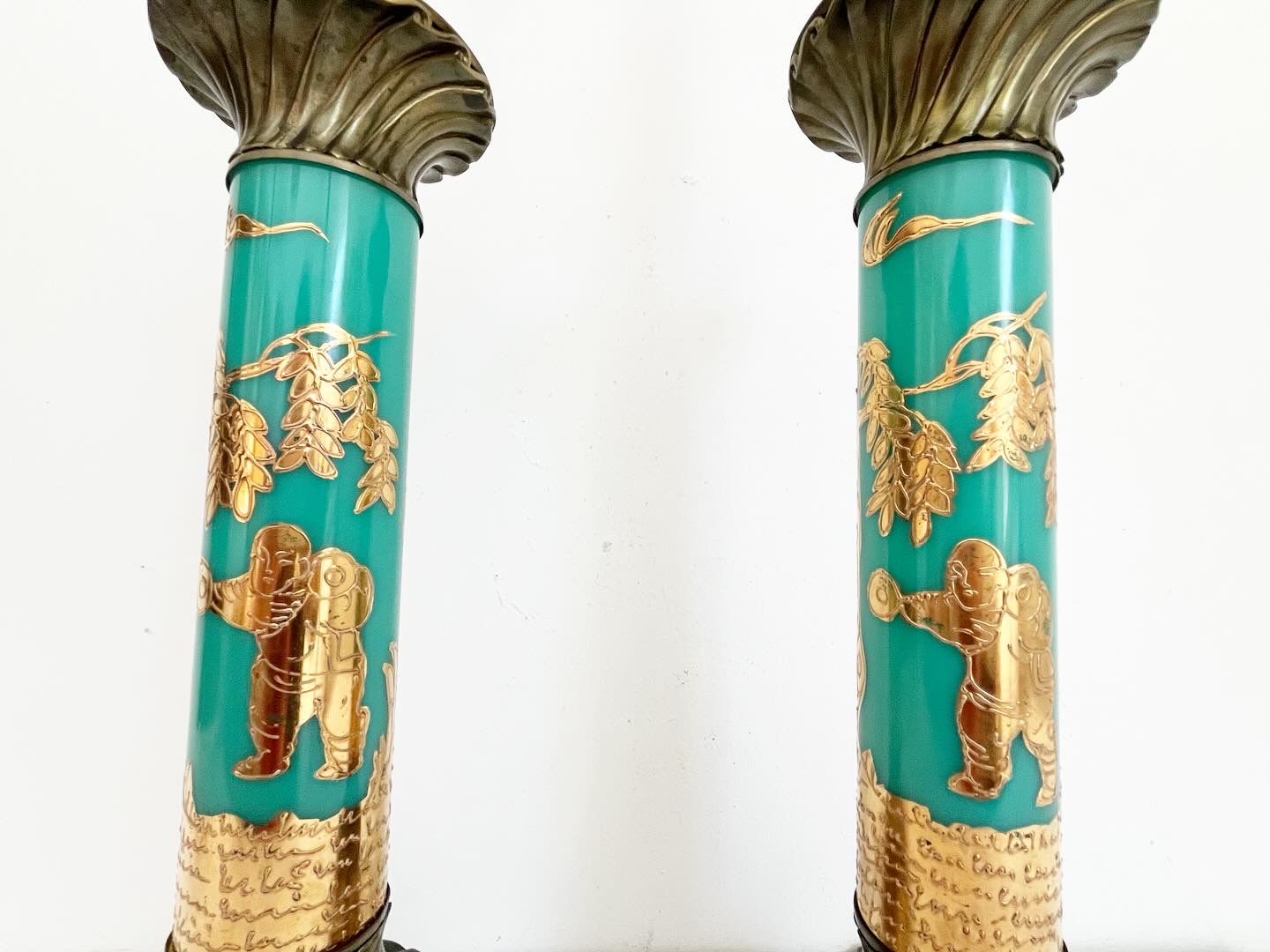 Turquoise Chinoiserie Lamps w/Shades 8 Turquoise Chinoiserie Lamps w/Shades