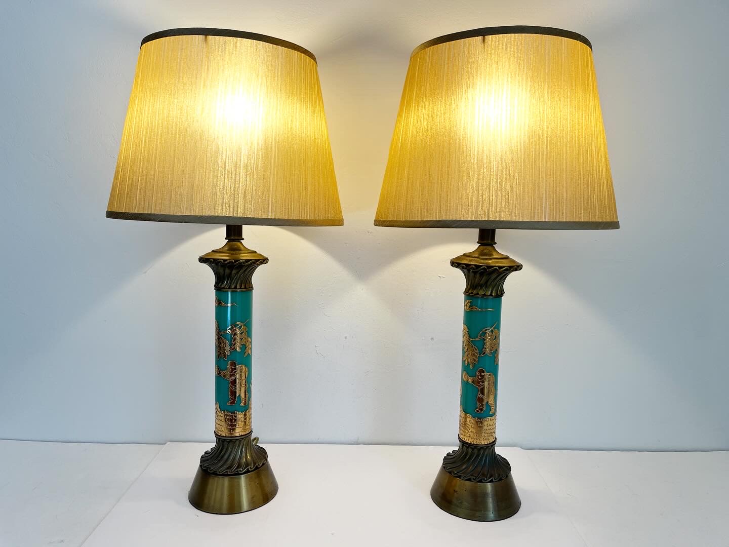 Turquoise Chinoiserie Lamps w/Shades 9 Turquoise Chinoiserie Lamps w/Shades
