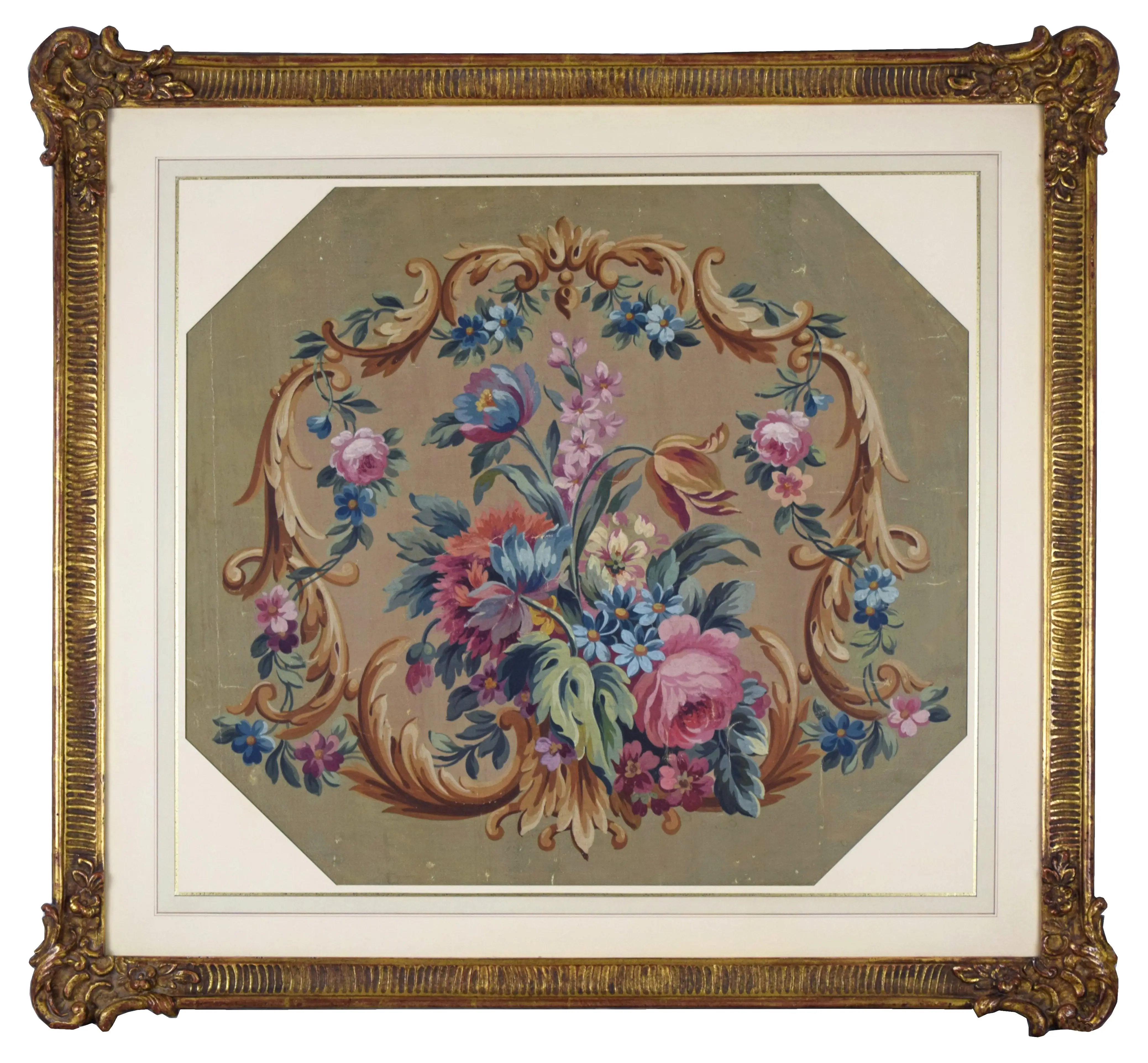 Antique French Aubusson Gouache Painting 1 Antique French Aubusson Gouache Painting