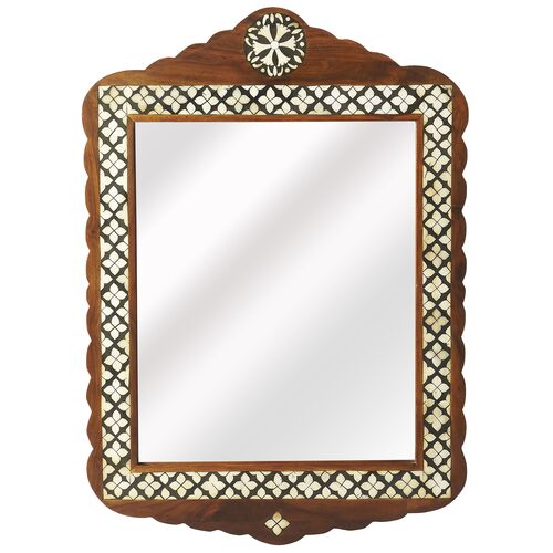 Gia Bone Inlay Merranti Wood Wall Mirror, Brown/White 1 Gia Bone Inlay Merranti Wood Wall Mirror, Brown/White