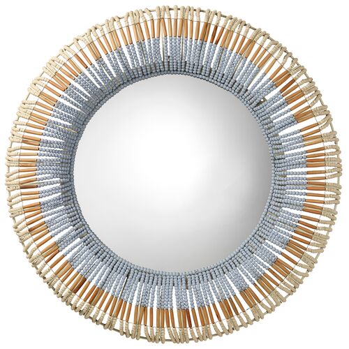 Native Beaded Round Wall Mirror, Natural/Blue 1 Native Beaded Round Wall Mirror, Natural/Blue