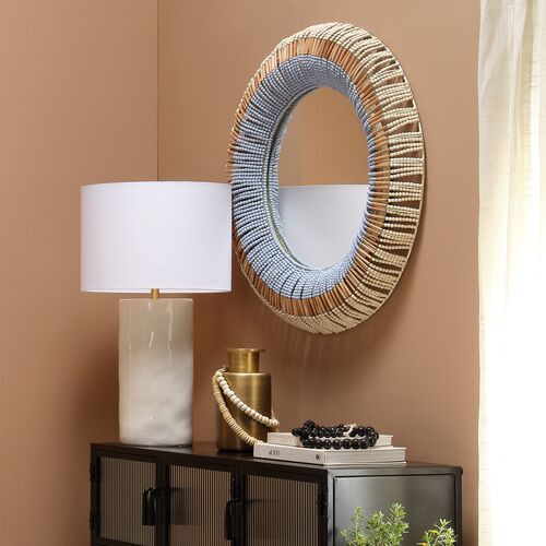 Native Beaded Round Wall Mirror, Natural/Blue 2 Native Beaded Round Wall Mirror, Natural/Blue