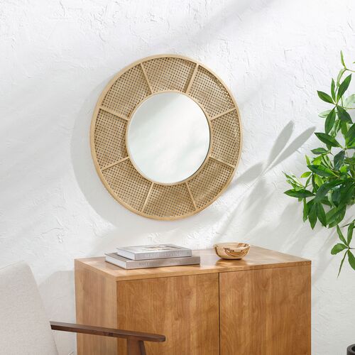 Sansa Round Cane Wall Mirror, Khaki 2 Sansa Round Cane Wall Mirror, Khaki