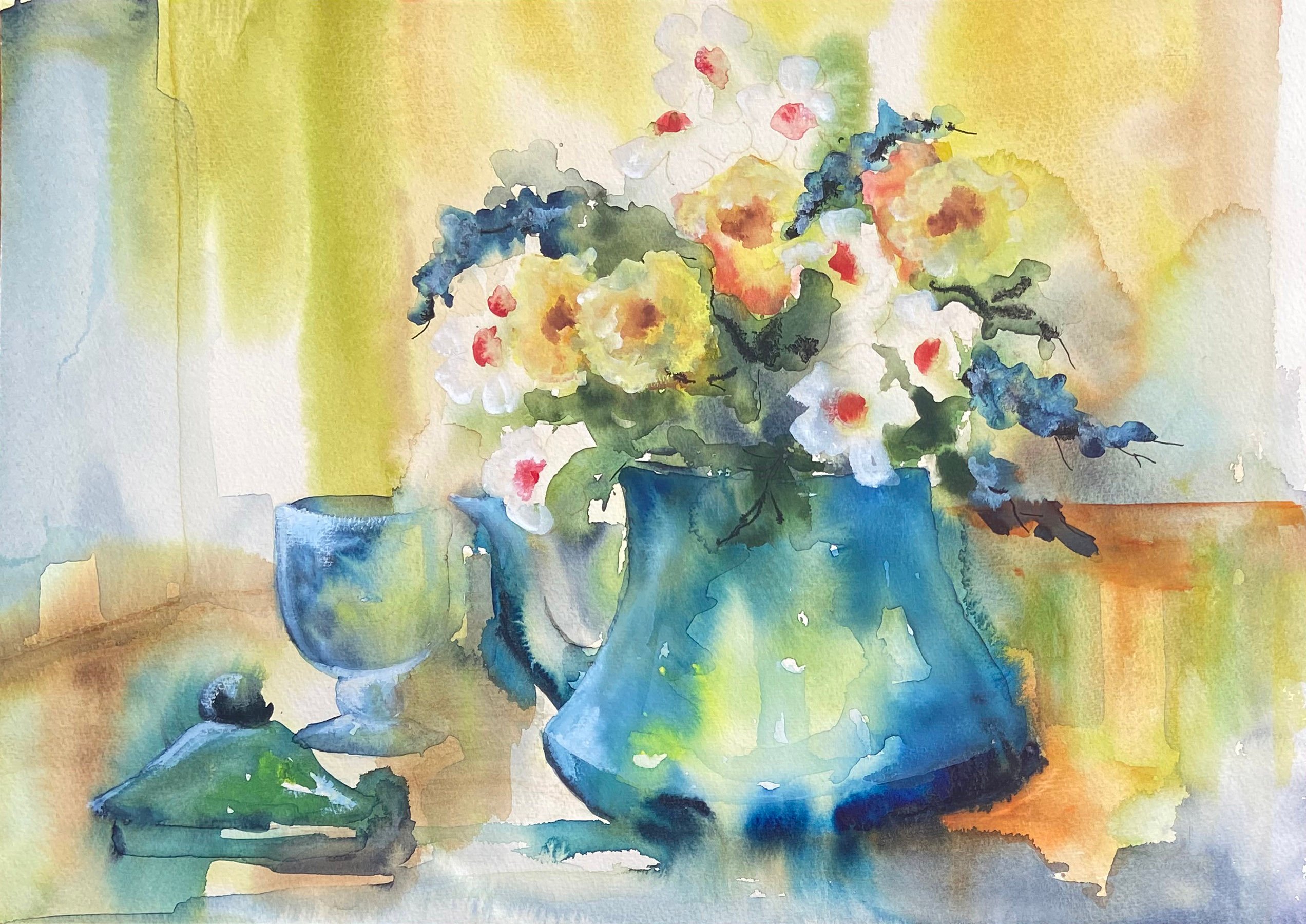 Spring Flowers in a Blue Jug, 1960s 1 Spring Flowers in a Blue Jug, 1960s