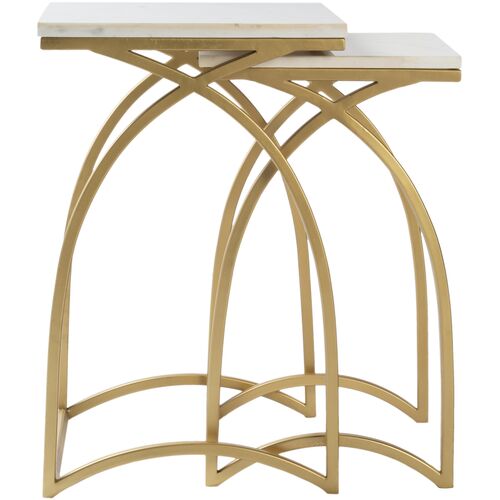 S/2 Yurik Marble Top End Tables, White/Gold 4 S/2 Yurik Marble Top End Tables, White/Gold