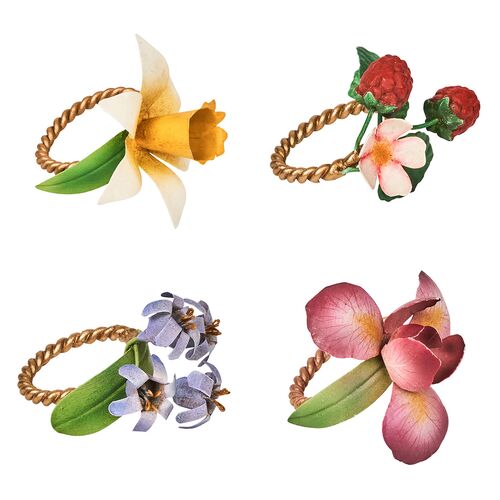 S/4 Meadow Walk Floral Napkin Rings, Multicolor