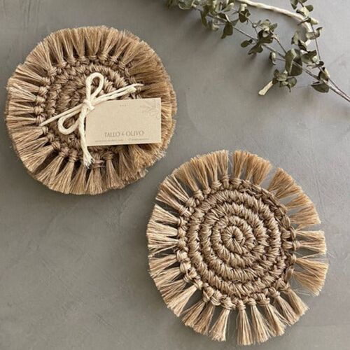 Tallo de Olivo, S/4 Fique Fringe Coasters, Brown 2 Tallo de Olivo, S/4 Fique Fringe Coasters, Brown