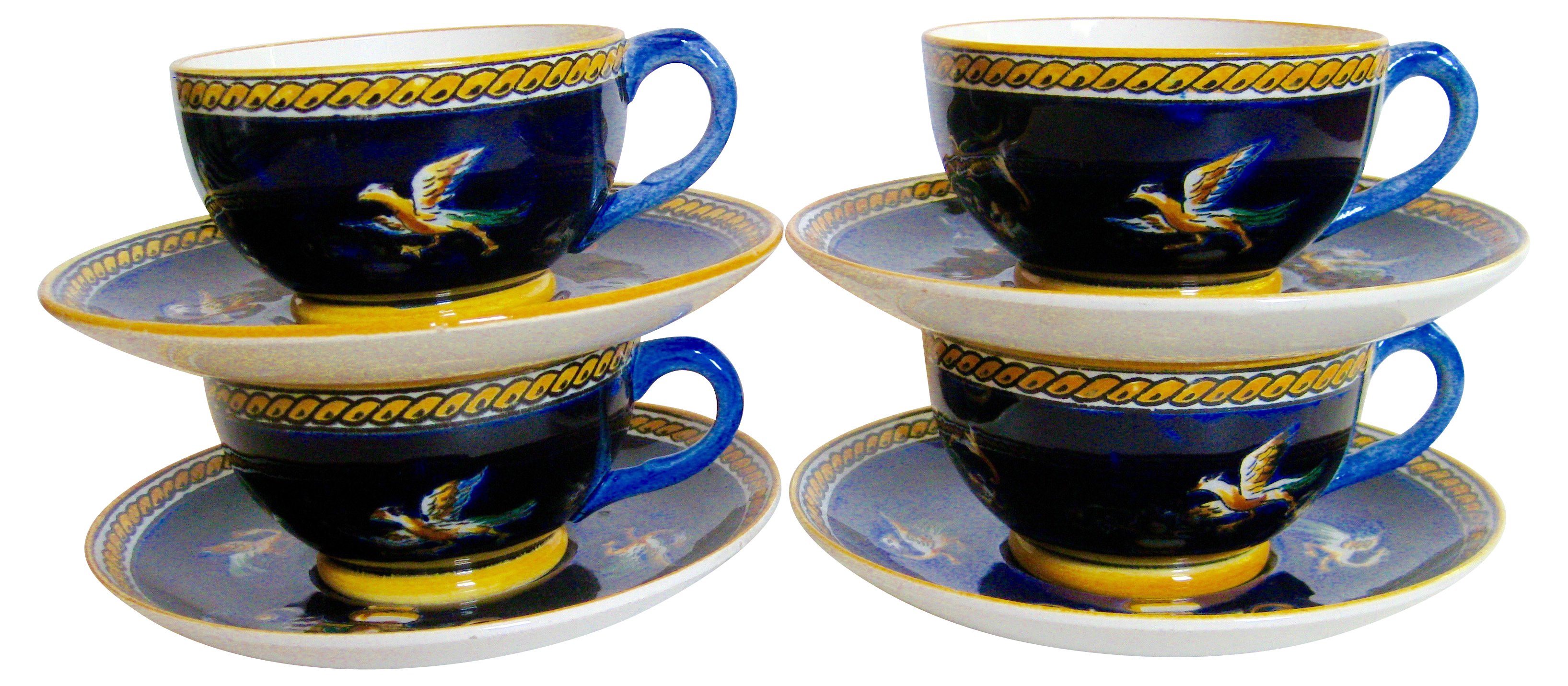 Gien French Faience Cups & Saucers S/4