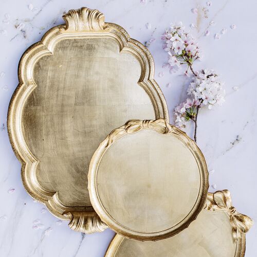 Florentine Wooden Accessories Handled Large Tray, Gold 2 Florentine Wooden Accessories Handled Large Tray, Gold