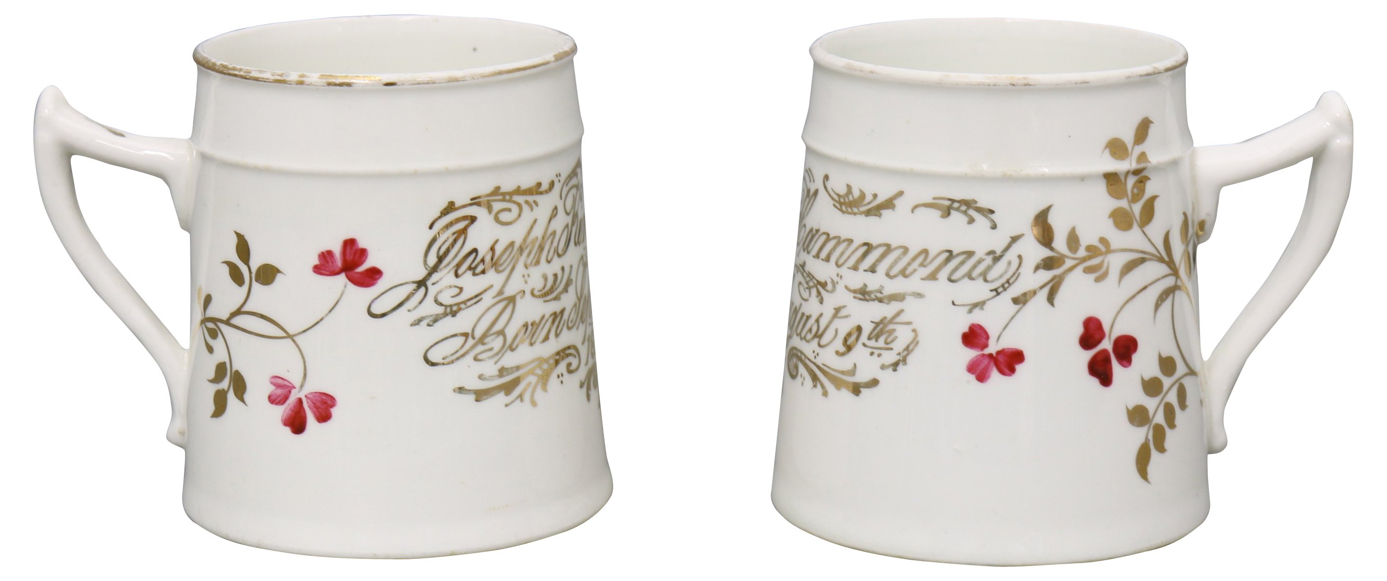 19th-C. Birth Announcement Mugs, S/2 1 19th-C. Birth Announcement Mugs, S/2