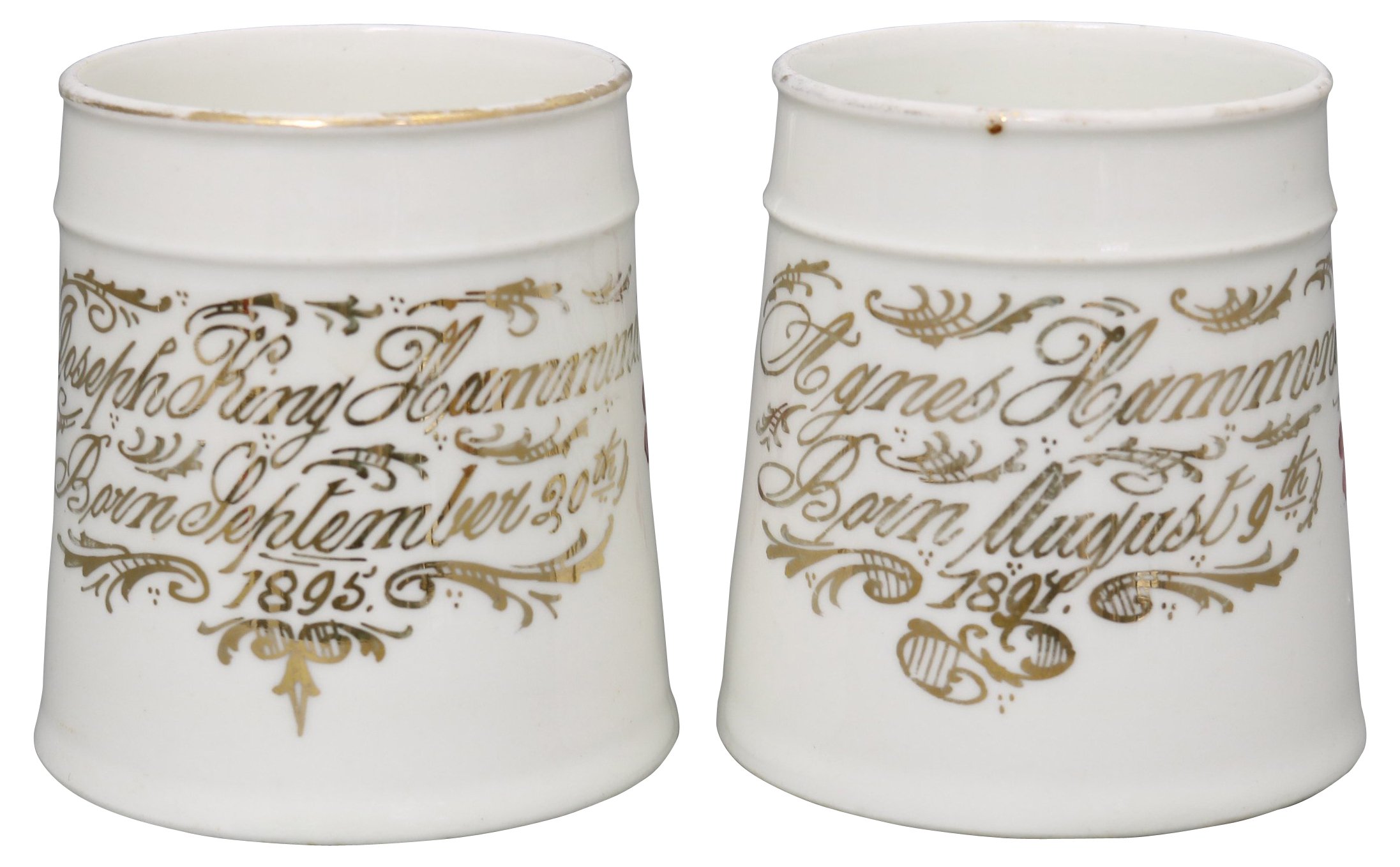 19th-C. Birth Announcement Mugs, S/2 2 19th-C. Birth Announcement Mugs, S/2