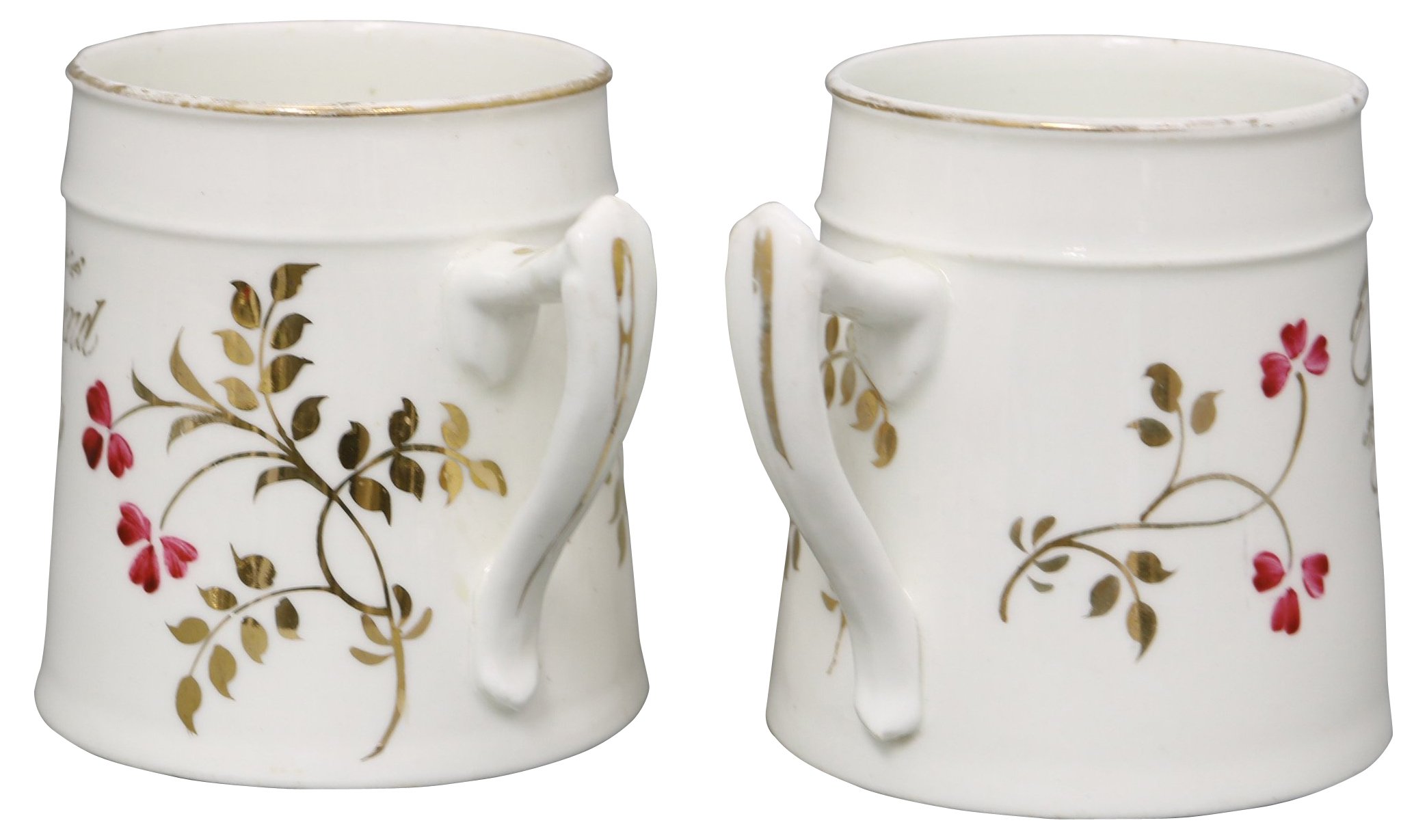 19th-C. Birth Announcement Mugs, S/2 3 19th-C. Birth Announcement Mugs, S/2