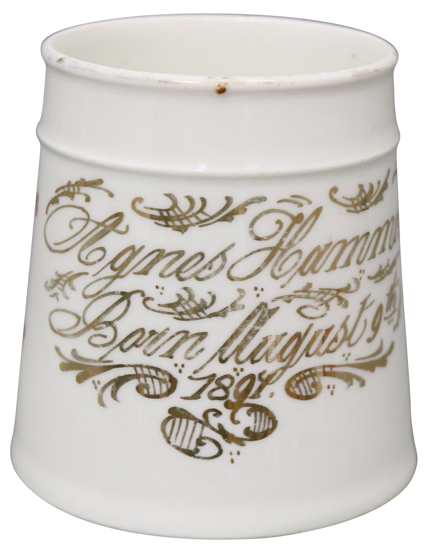 19th-C. Birth Announcement Mugs, S/2 5 19th-C. Birth Announcement Mugs, S/2