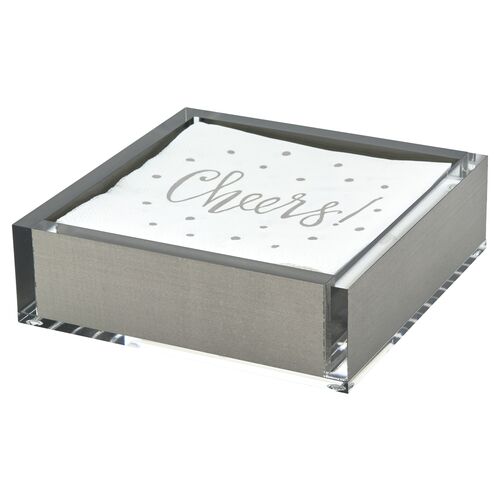 Lucite Cocktail Napkin Holder, Silver 1 Lucite Cocktail Napkin Holder, Silver
