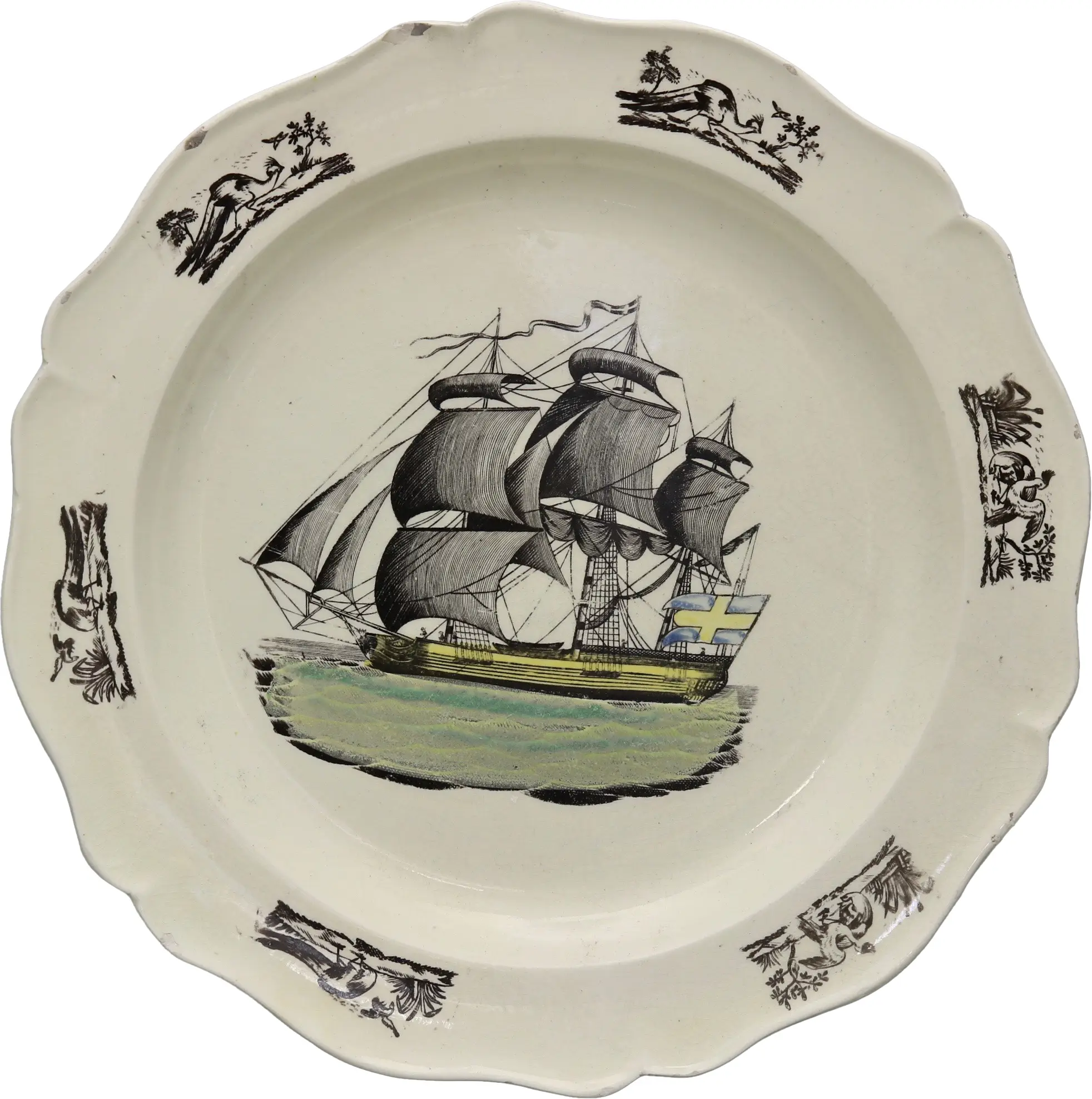 18th-C. English Creamware Ship Plate