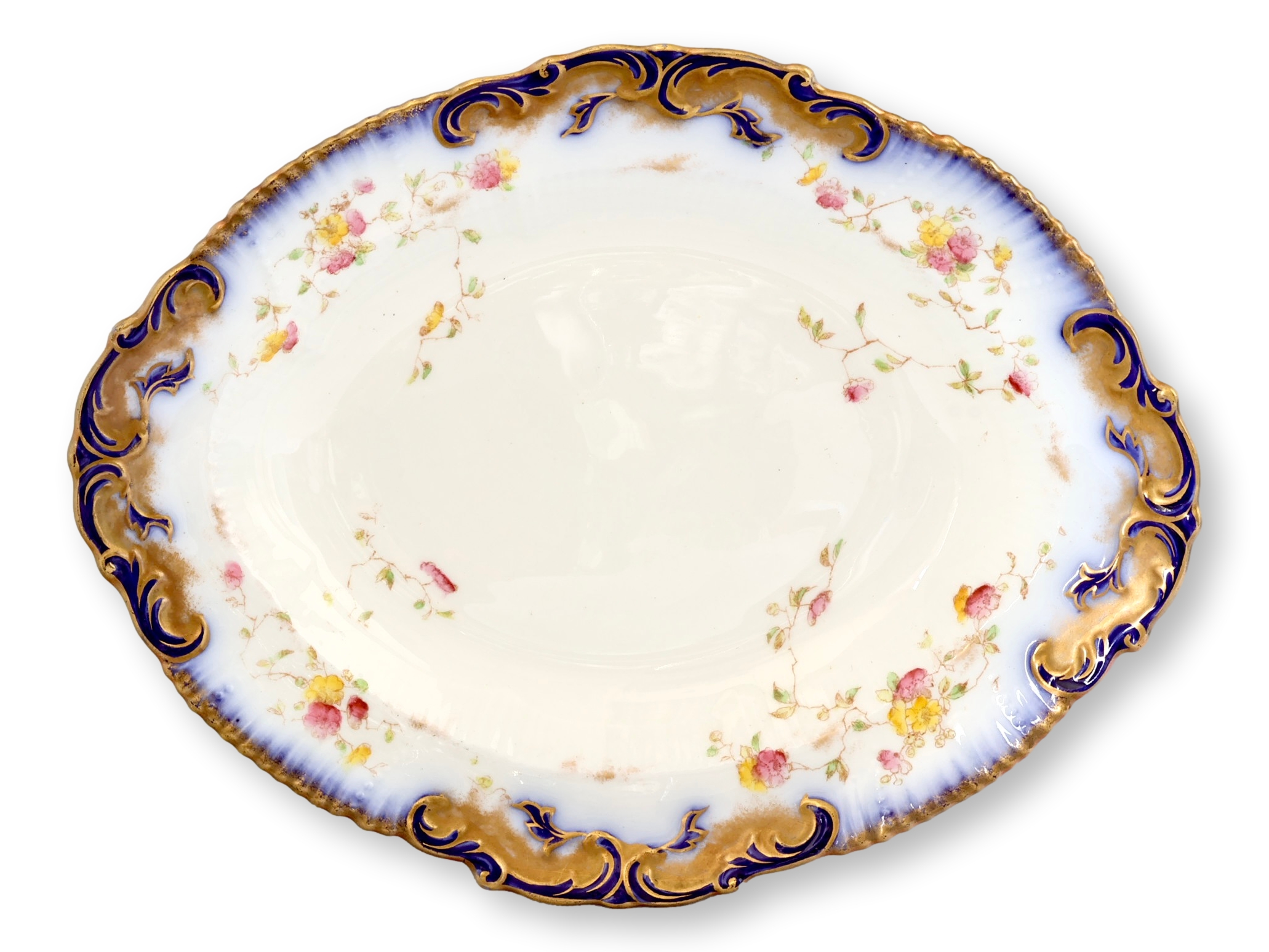 Antique English Flow Blue & Gilt Dish 1 Antique English Flow Blue & Gilt Dish