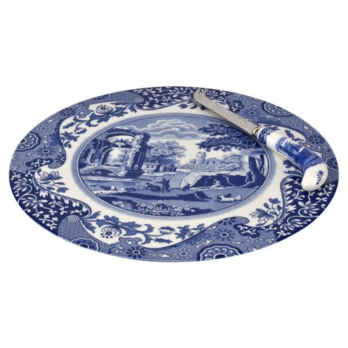 Spode Blue Italian 2 Piece Cheese Plate With Knife