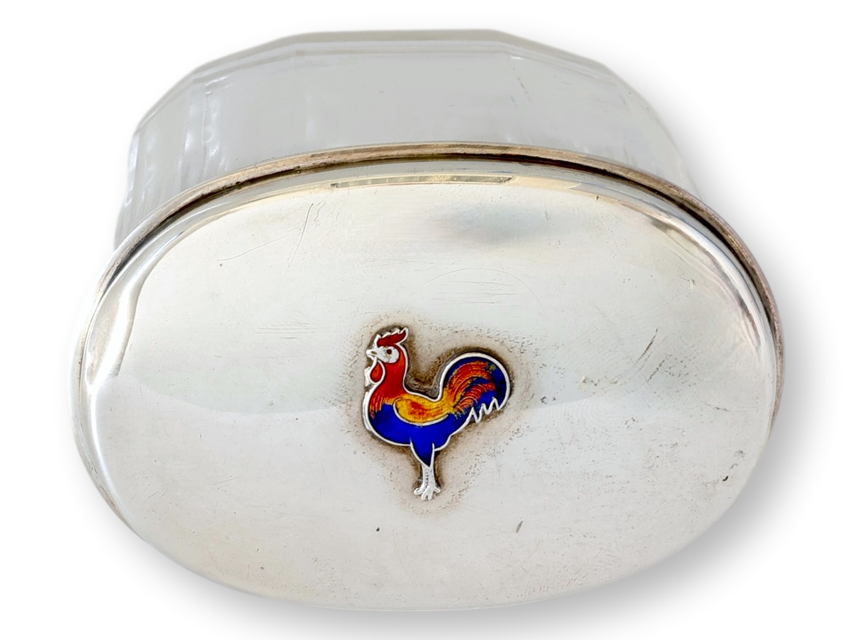 Crystal Jar, Sterling/Enamel Rooster Lid 6 Crystal Jar, Sterling/Enamel Rooster Lid