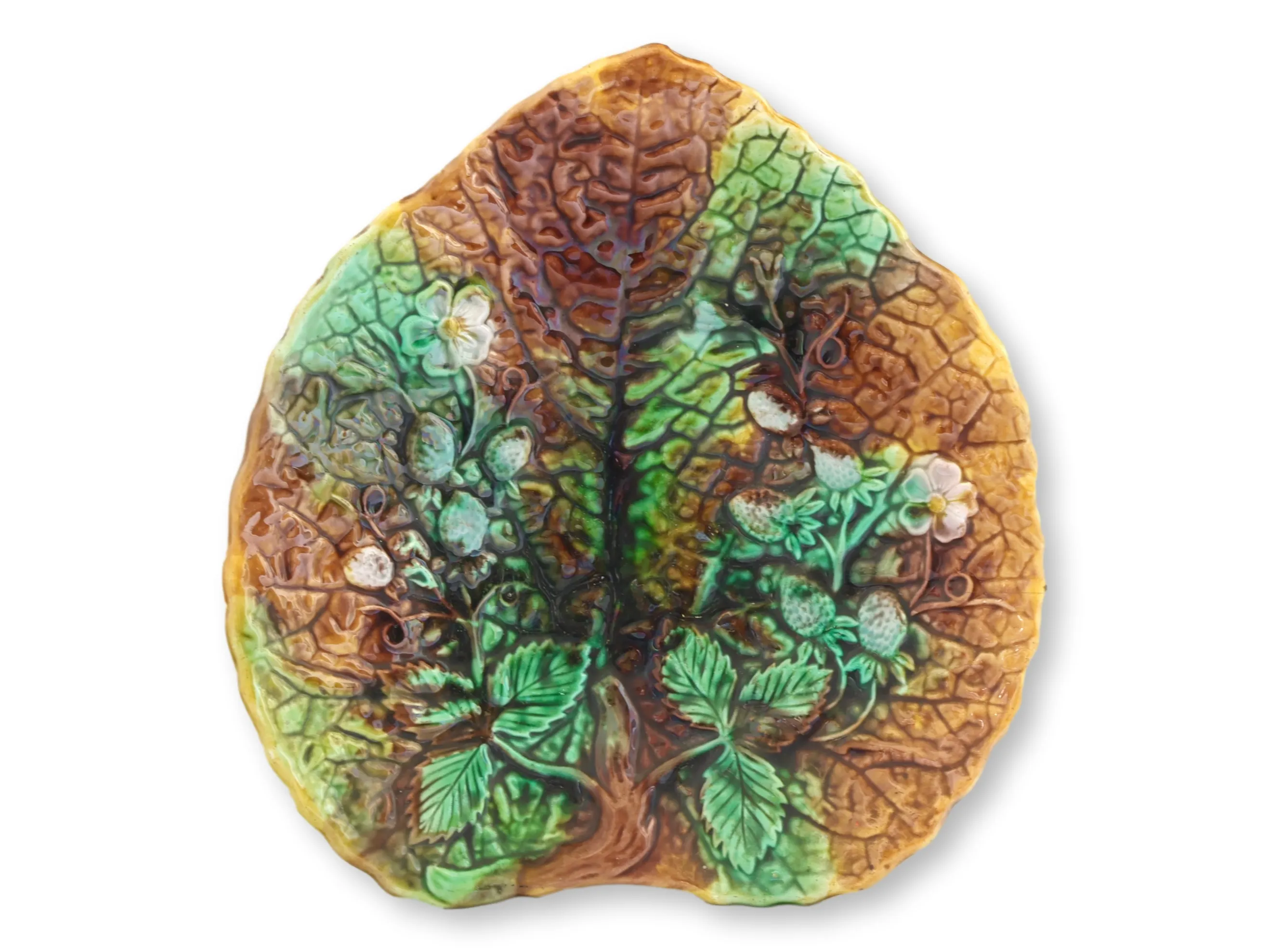 Antique English Majolica Strawberry Leaf 1 Antique English Majolica Strawberry Leaf