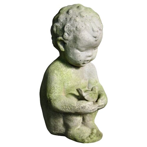15" Pierre w/ Bird Statue, White Moss 1 15" Pierre w/ Bird Statue, White Moss